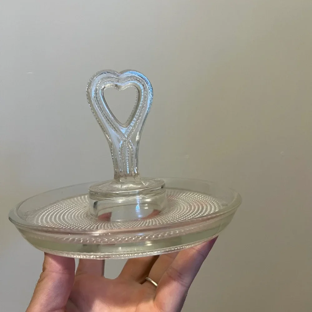 Vintage Clear Glass Heart Handle Tidbit Tray Beaded Hobnail Candy Jewelry Dish